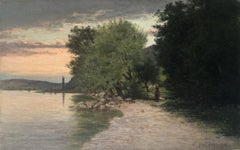 Sunset on the river, original antique Barbizon school artwork, oil on canvas