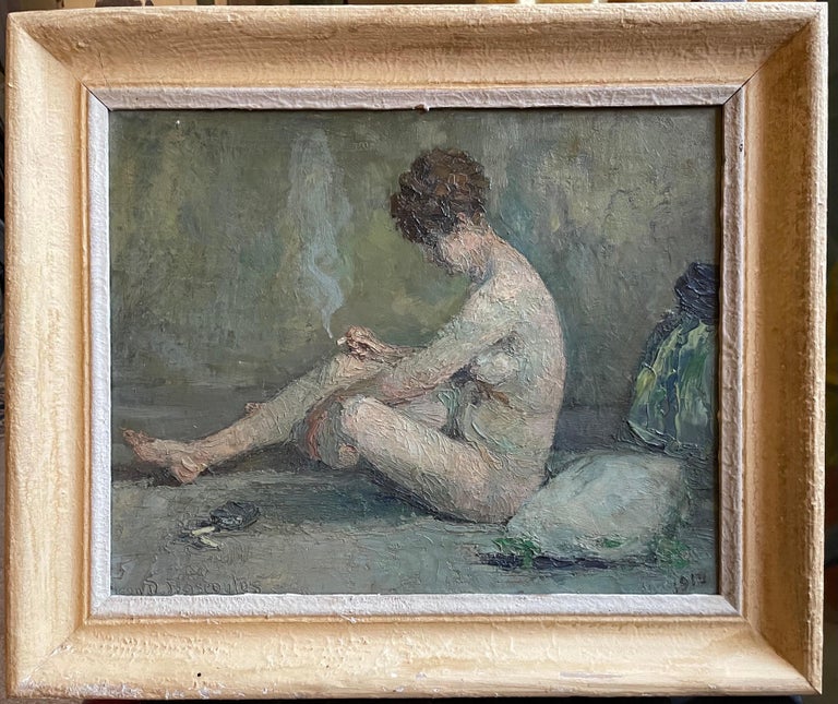 Early 1900's French Oil Oil Portrait of Nude Lady Smoking Cigarette in Interior - Painting by Jean Desire Bascoules
