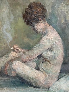 Retrato al óleo francés de principios de 1900 de una dama desnuda fumando un cigarrillo en un interior