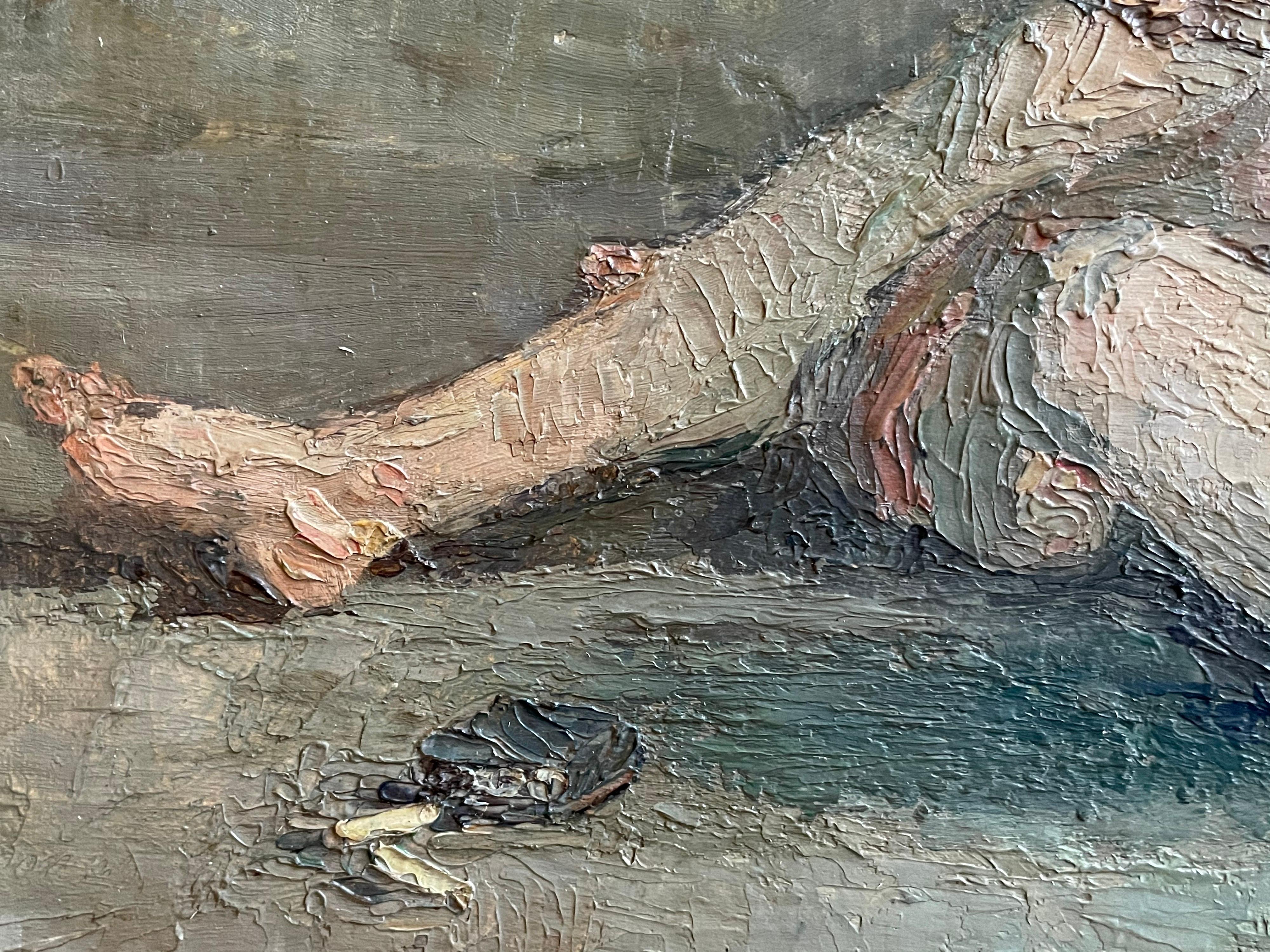 Portrait à l'huile français du début des années 1900 représentant une femme nue fumant une cigarette à l'intérieur - Post-impressionnisme Painting par Jean Desire Bascoules
