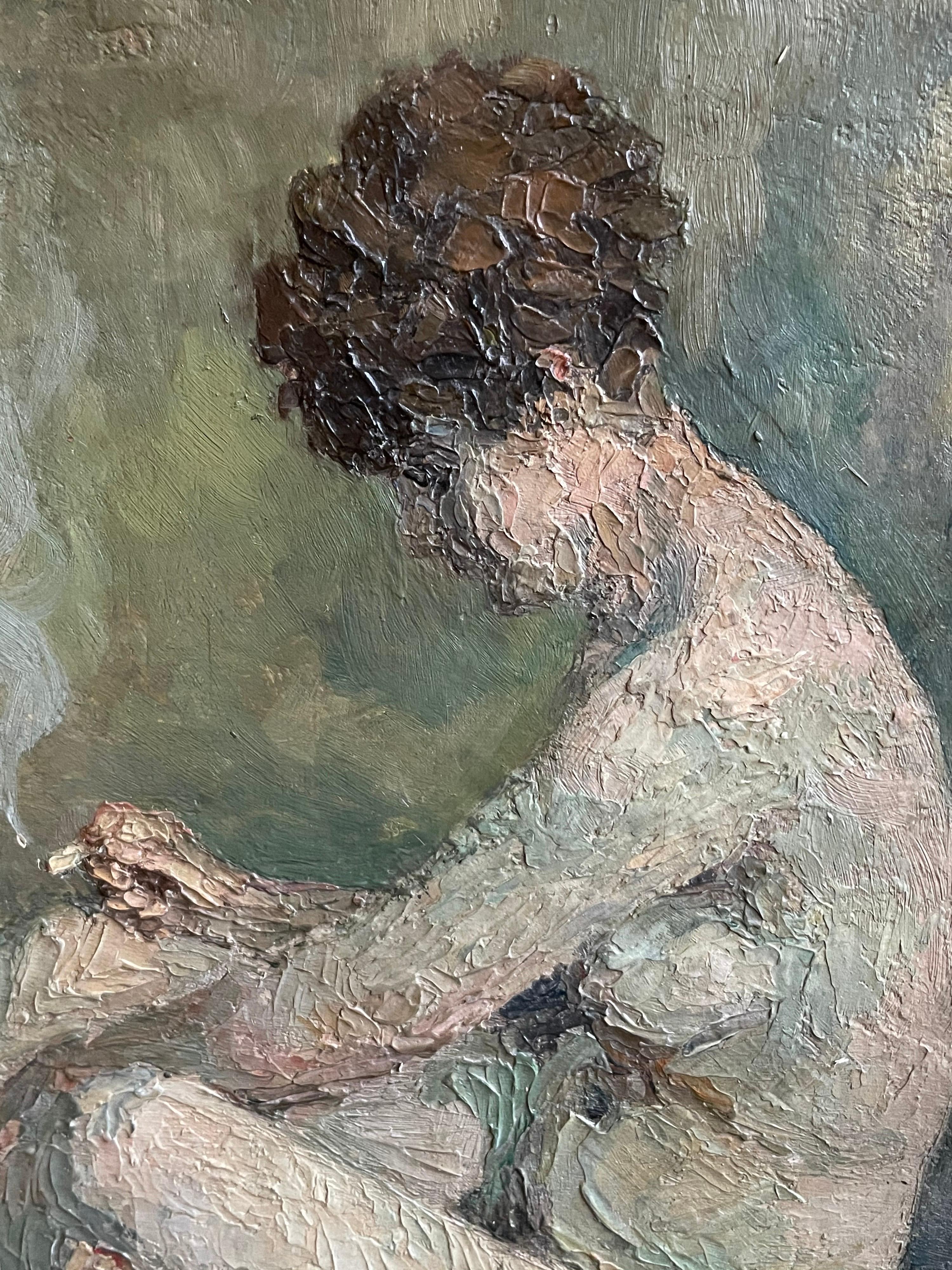 Early 1900's French Oil Oil Portrait of Nude Lady Smoking Cigarette in Interior - Post-Impressionist Painting by Jean Desire Bascoules