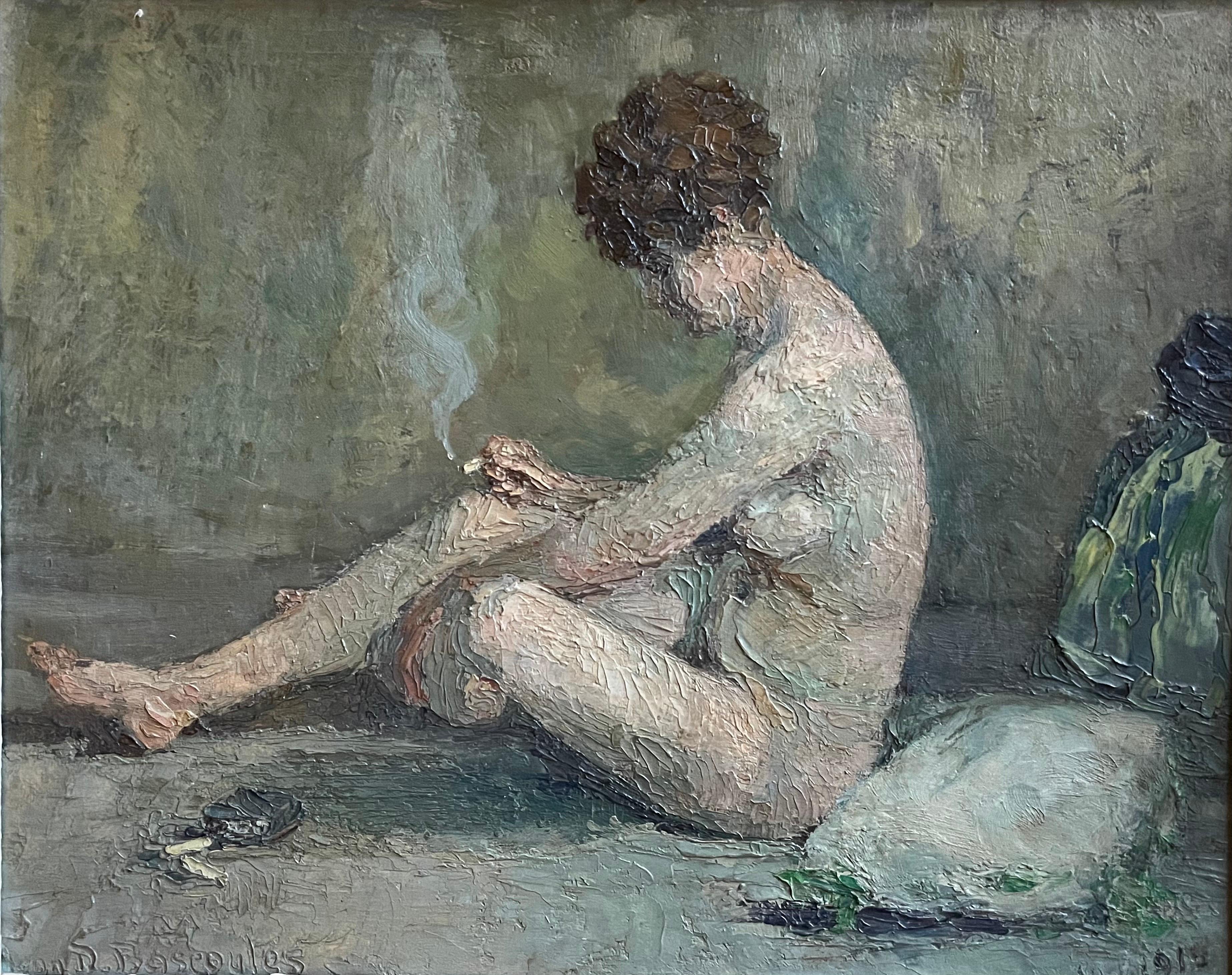 Portrait à l'huile français du début des années 1900 représentant une femme nue fumant une cigarette à l'intérieur