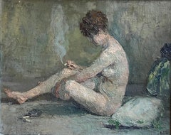 Portrait à l'huile français du début des années 1900 représentant une femme nue fumant une cigarette à l'intérieur