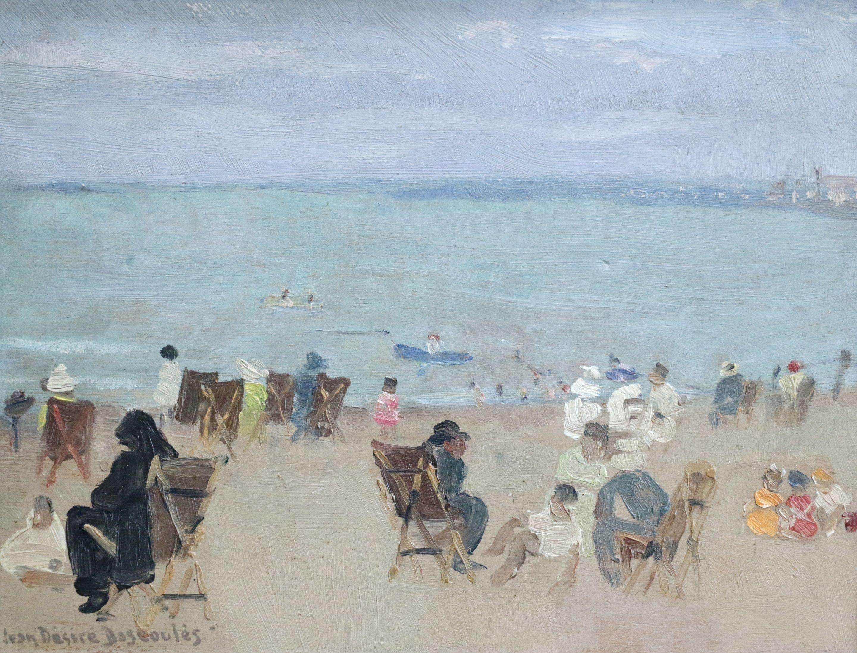 Jean Desire Bascoules Figurative Painting - Plage Alger - Soir - Mid 20th Century Oil, Figures on Beach by Jean Bascoulles