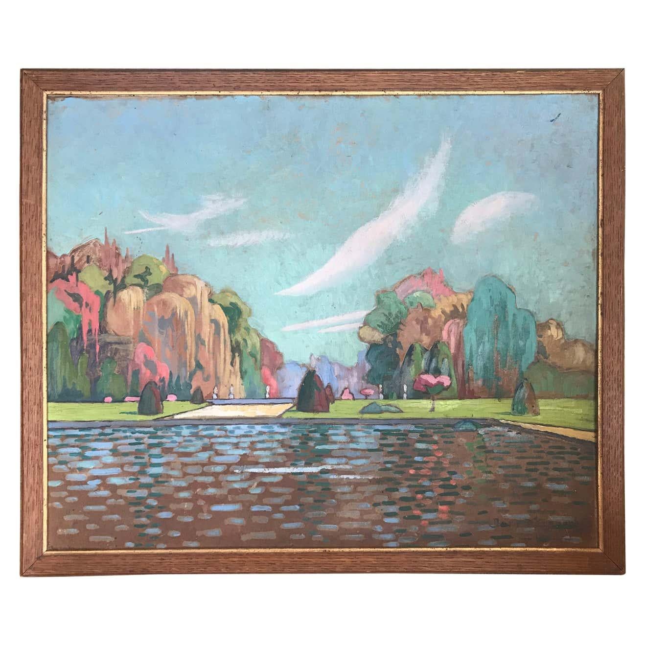 Jean d'ESPARBÈS Landscape Painting - View of the Fontainebleau Castle Park by Jean D'esparbes, 1922