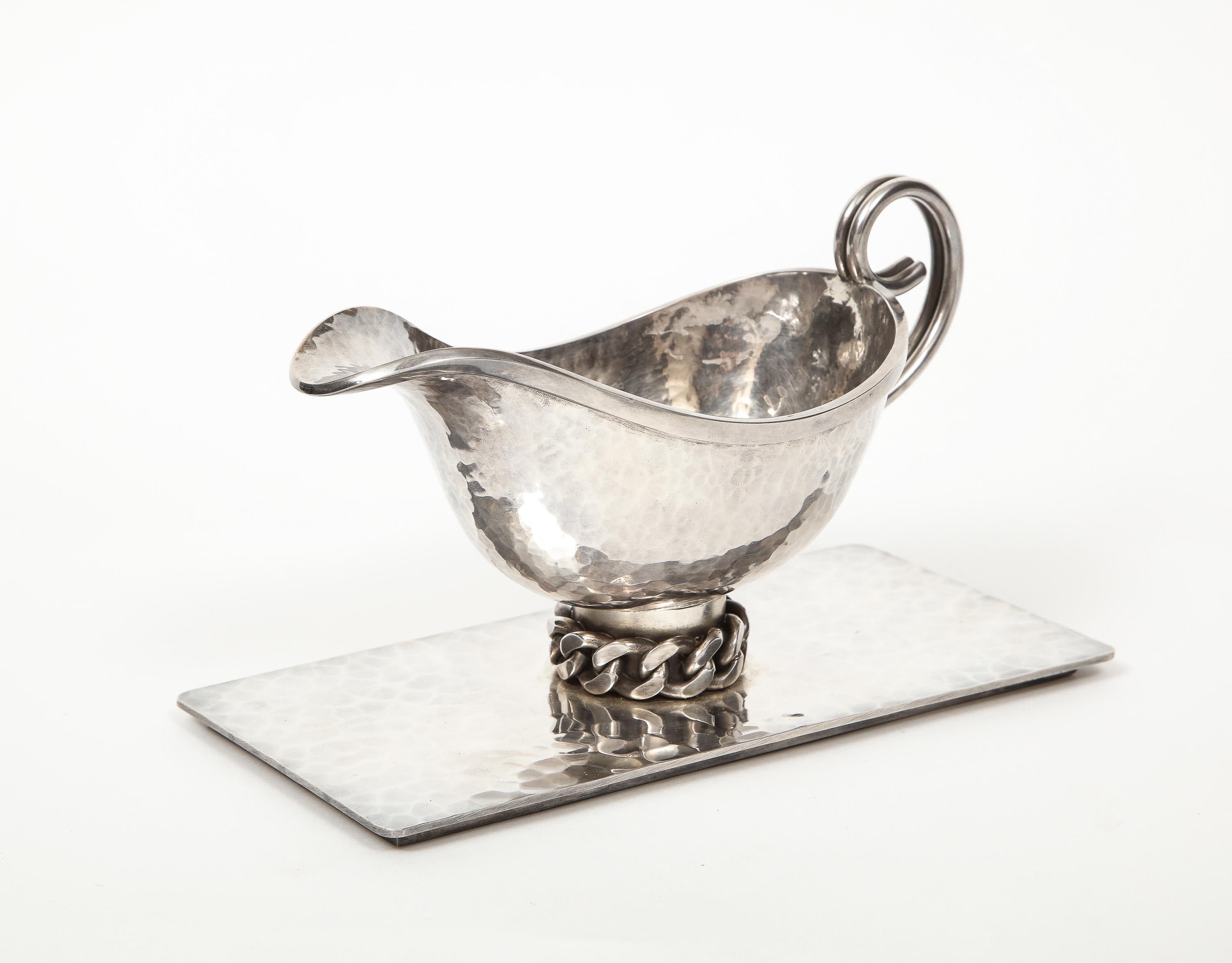 Jean Despres a Silvered-Metal Gravy Sauce Boat on Stand, 1966 In Good Condition In New York, NY
