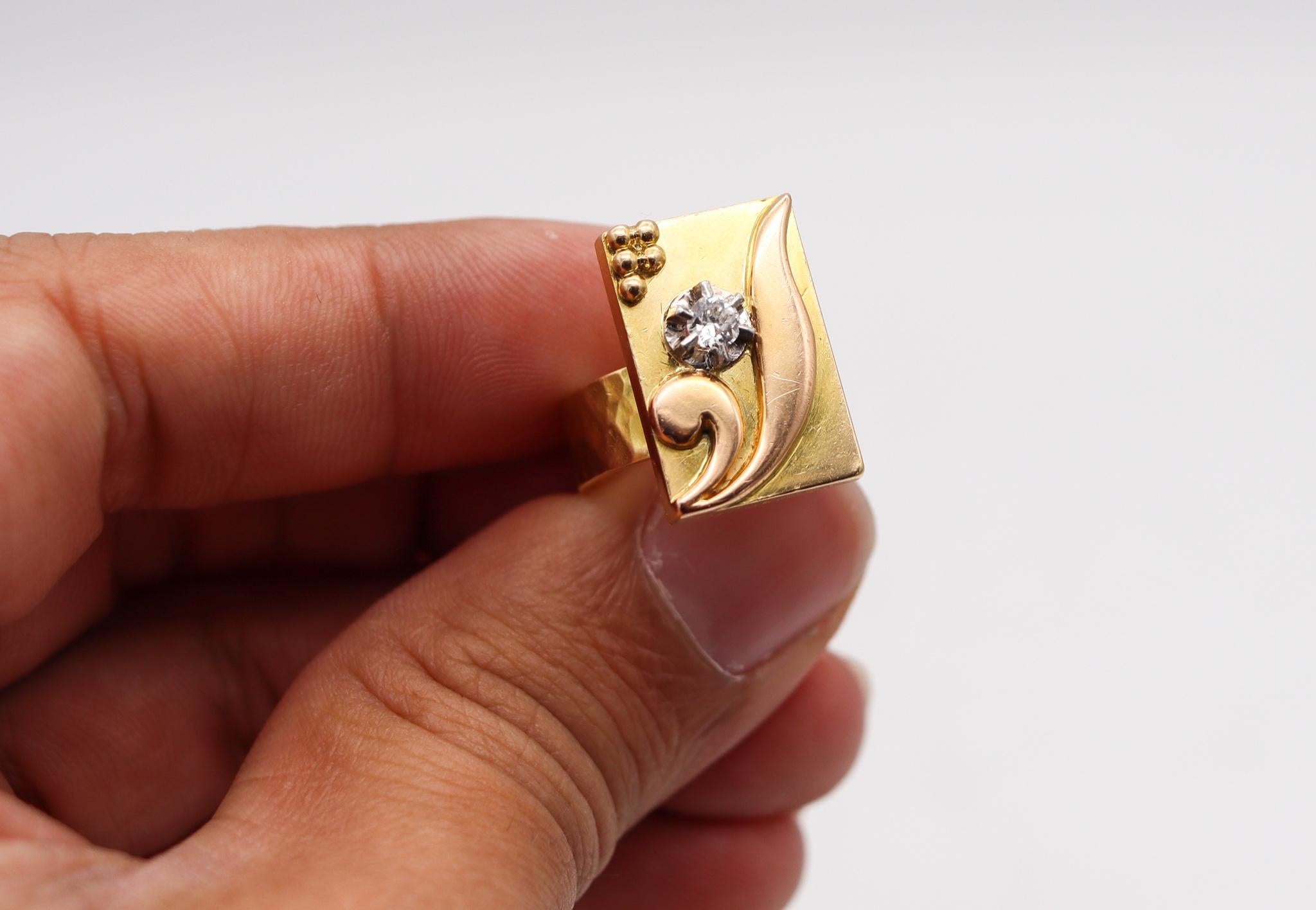 Old European Cut Jean Després 1950 Paris Artistic Geometric Ring in 18kt Gold with Round Diamond For Sale