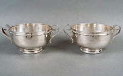 Jean Desprès - Art Deco Modernist Pair Of Bowls Hammered Silver Plated Metal