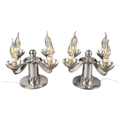 Jean Desprès - Art Deco Pair of Candelabras Hammered Silver Plated Metal