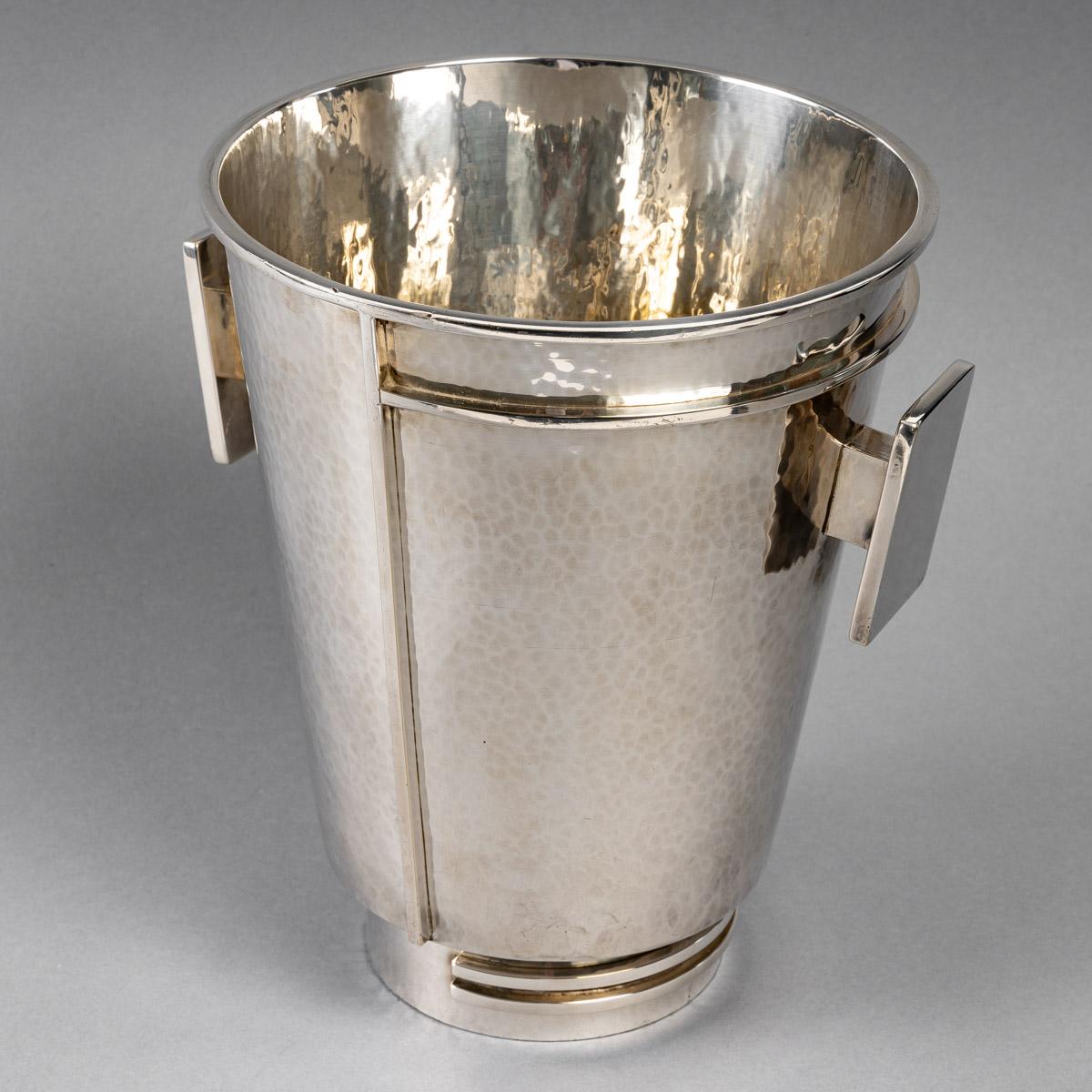 Art Deco Jean Desprès, Champagne Ice Bucket Modernist Hammered Silver Plated Metal