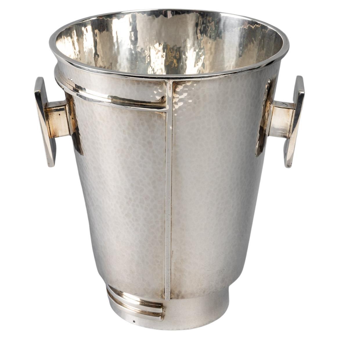 Jean Desprès, Champagne Ice Bucket Modernist Hammered Silver Plated Metal