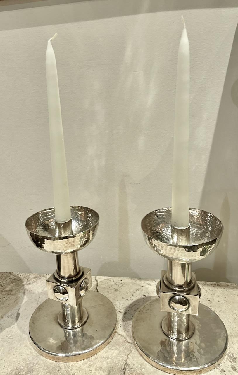 Mid-20th Century Jean Despres Elegant Candlesticks Signed French Silver Plate Metal