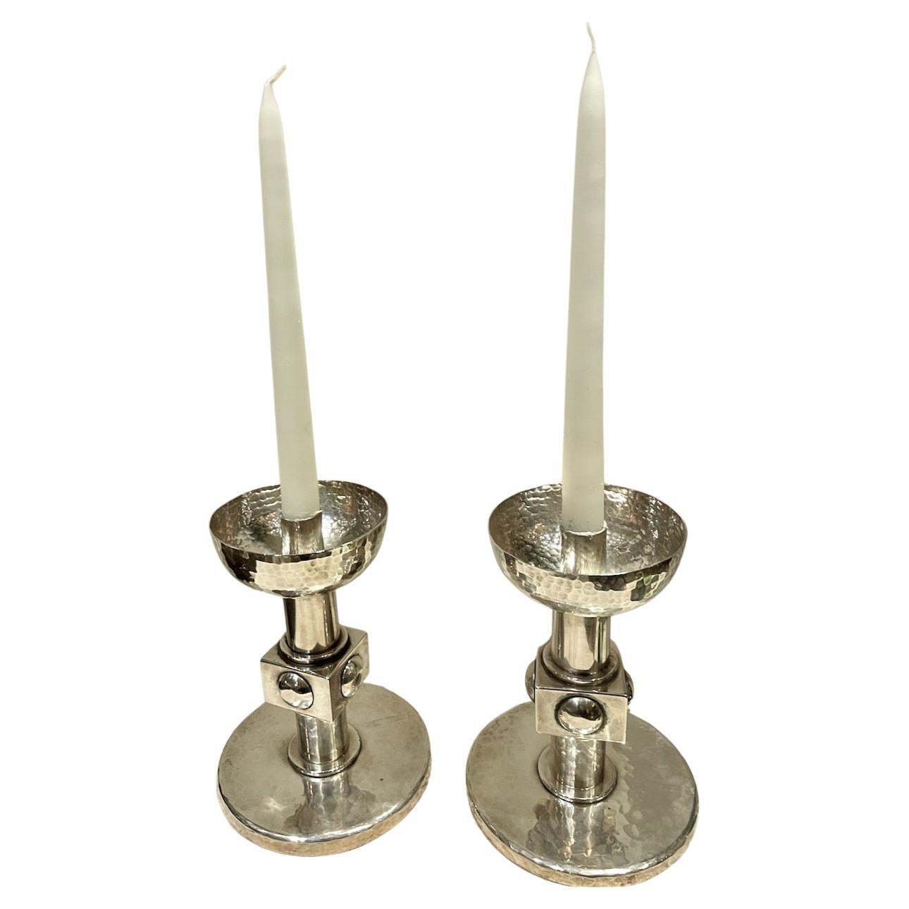 Jean Despres Elegant Candlesticks Signed French Silver Plate Metal