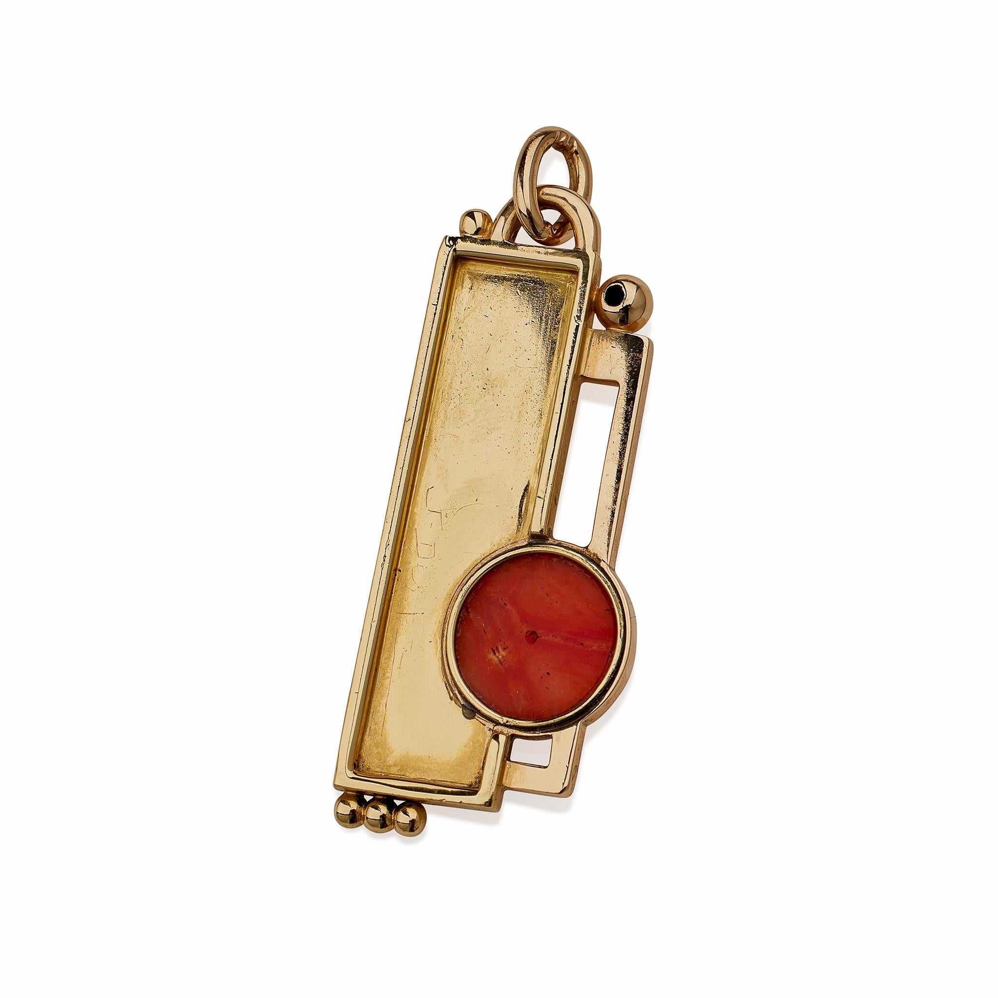 Cabochon Jean Després French Modernist Hammered Gold and Coral Pendant