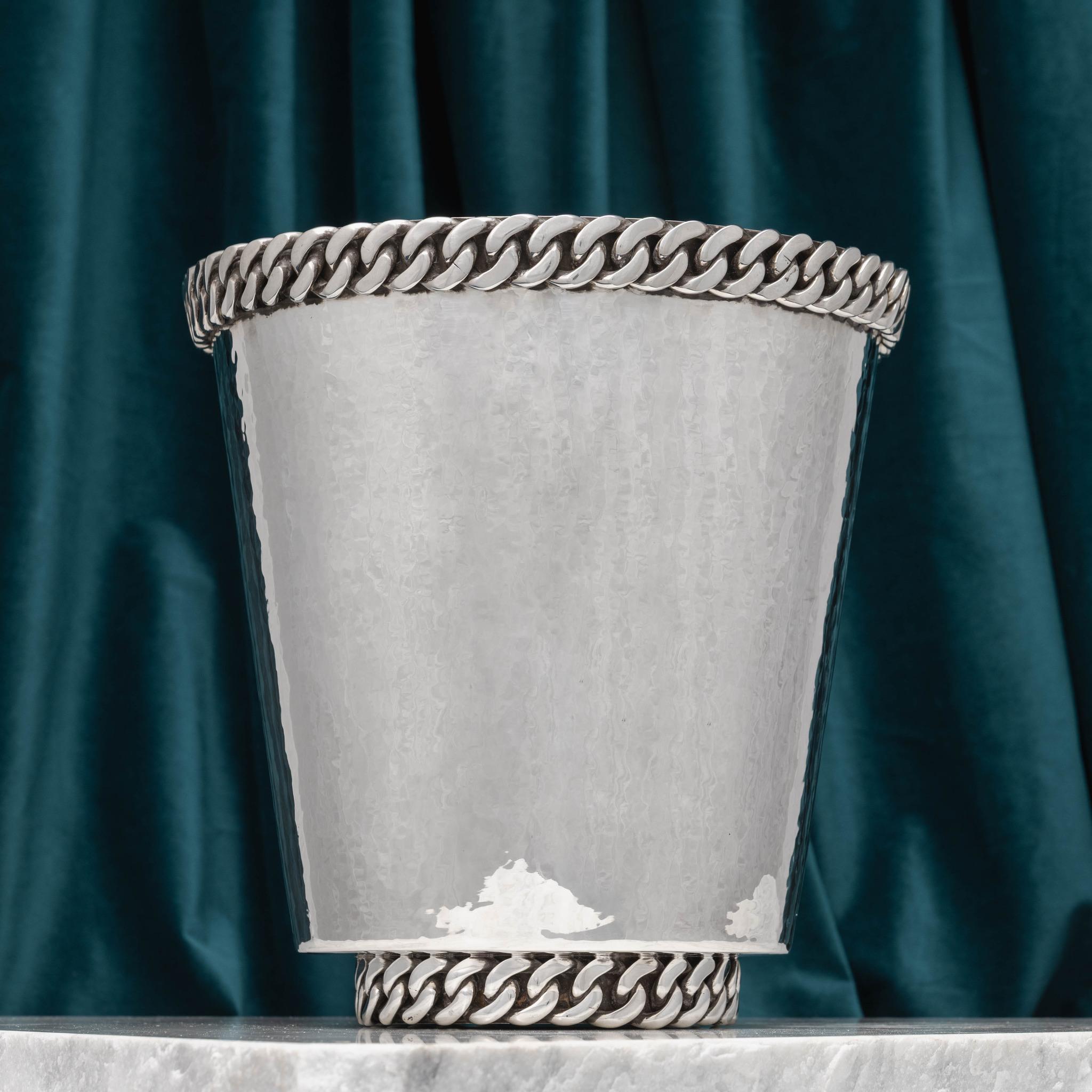 Mid-20th Century Jean Després Hammered Silver Plate Wine Cooler/Champagne Ice Bucket. For Sale