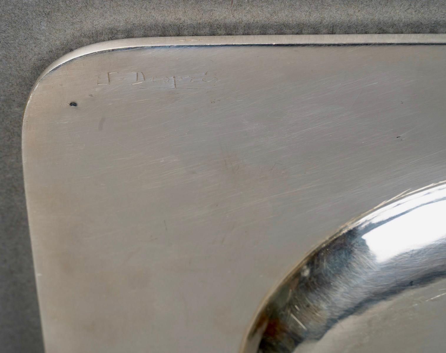 Jean Desprès - Modernist Art Deco Tray Hammered Silver Plated Metal For Sale 3