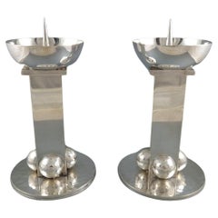 Jean Despres: Pair Of Silver Plate Candlesticks