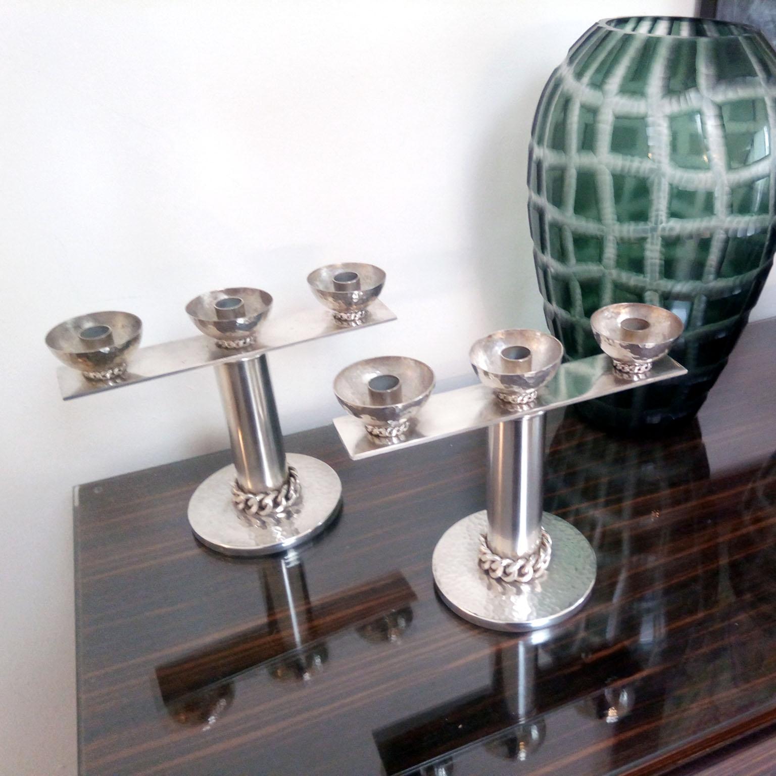French Jean Despres Silver Plated Candlesticks