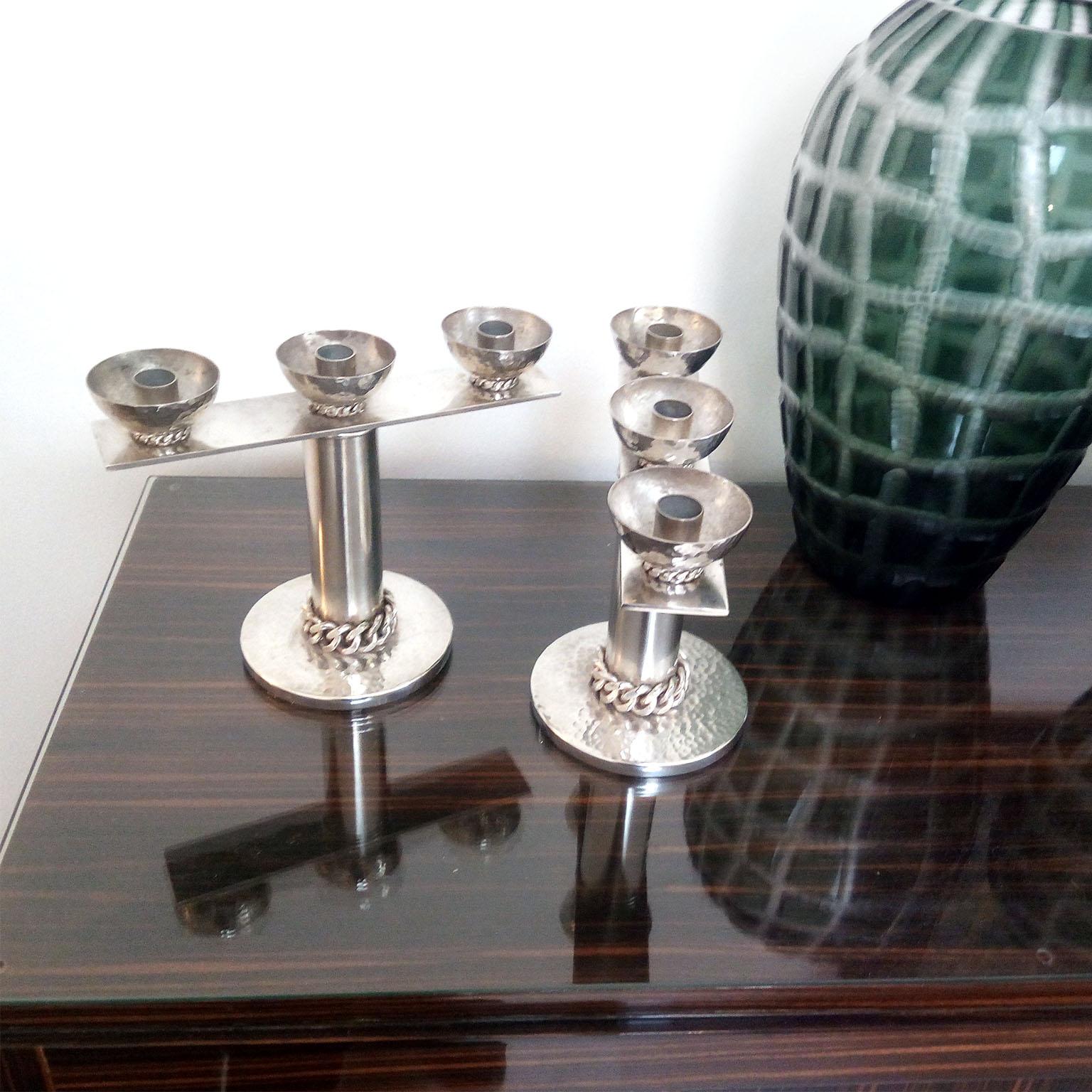 Silvered Jean Despres Silver Plated Candlesticks