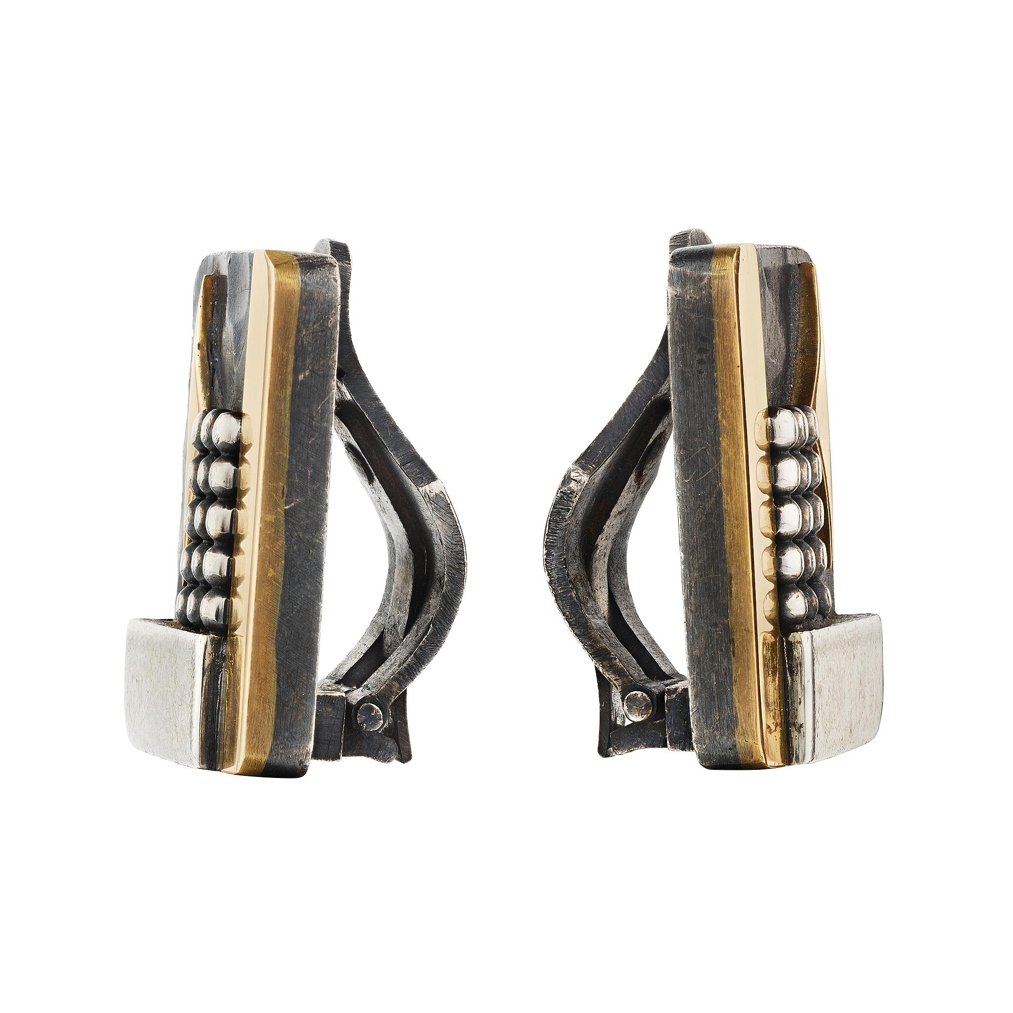 These original Jean Despres sterling silver and 18 karat yellow gold hand hammered modernist clip earrings are wearable 'fine art'.  With a rectangular design resembling a abstract collage, these incredible earrings have a one-of-a-kind artistic