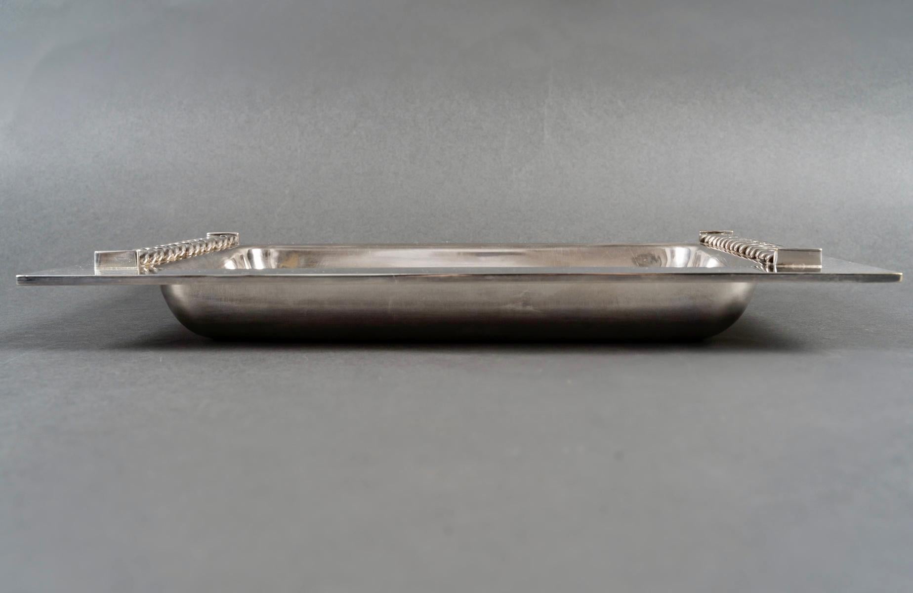 Jean Desprès - Tray Bowl Art Deco Modernist Hammered Silver Plated Metal For Sale 1