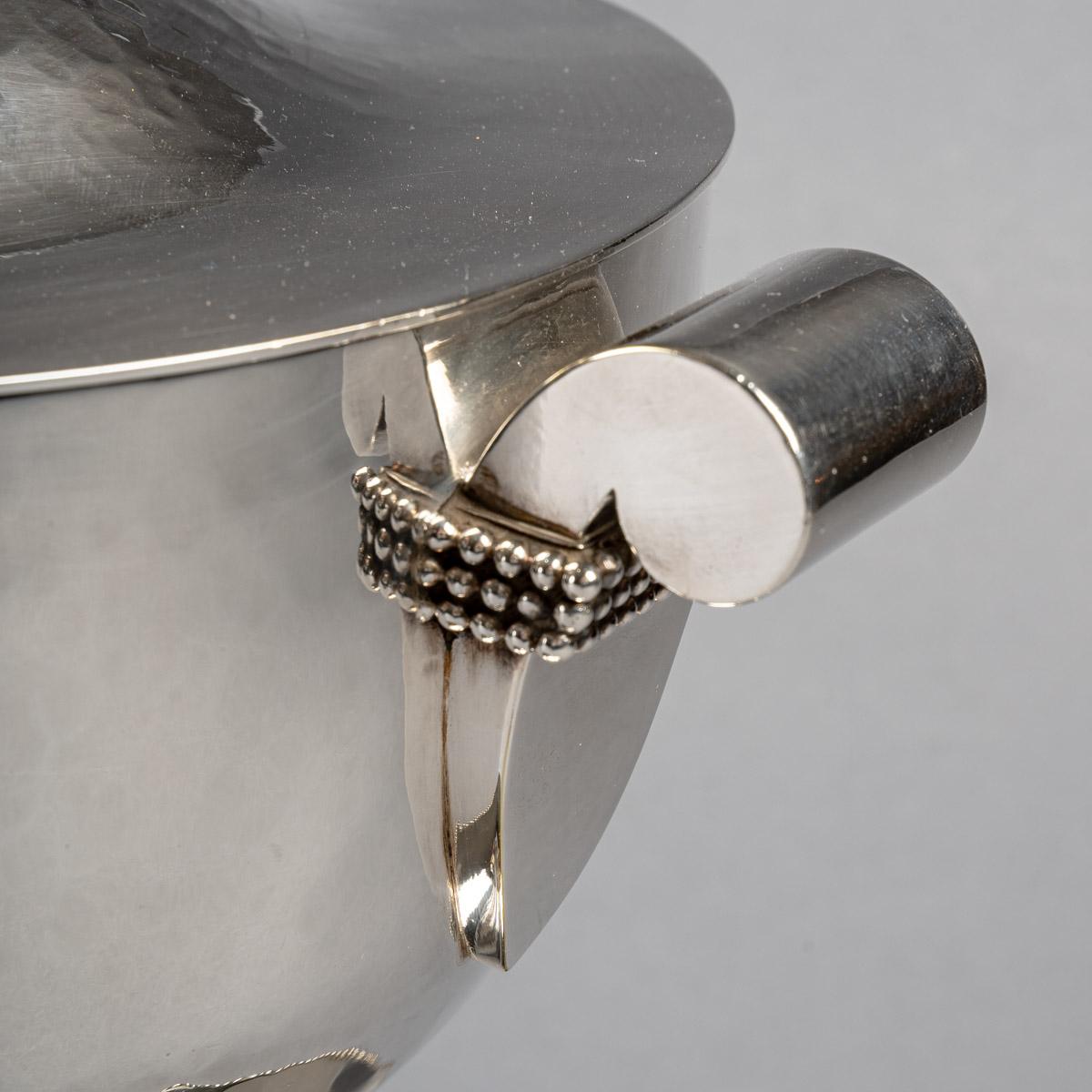 Art Deco Jean Desprès, Tureen Centerpiece Silver Plated Hammered Beads Garlands