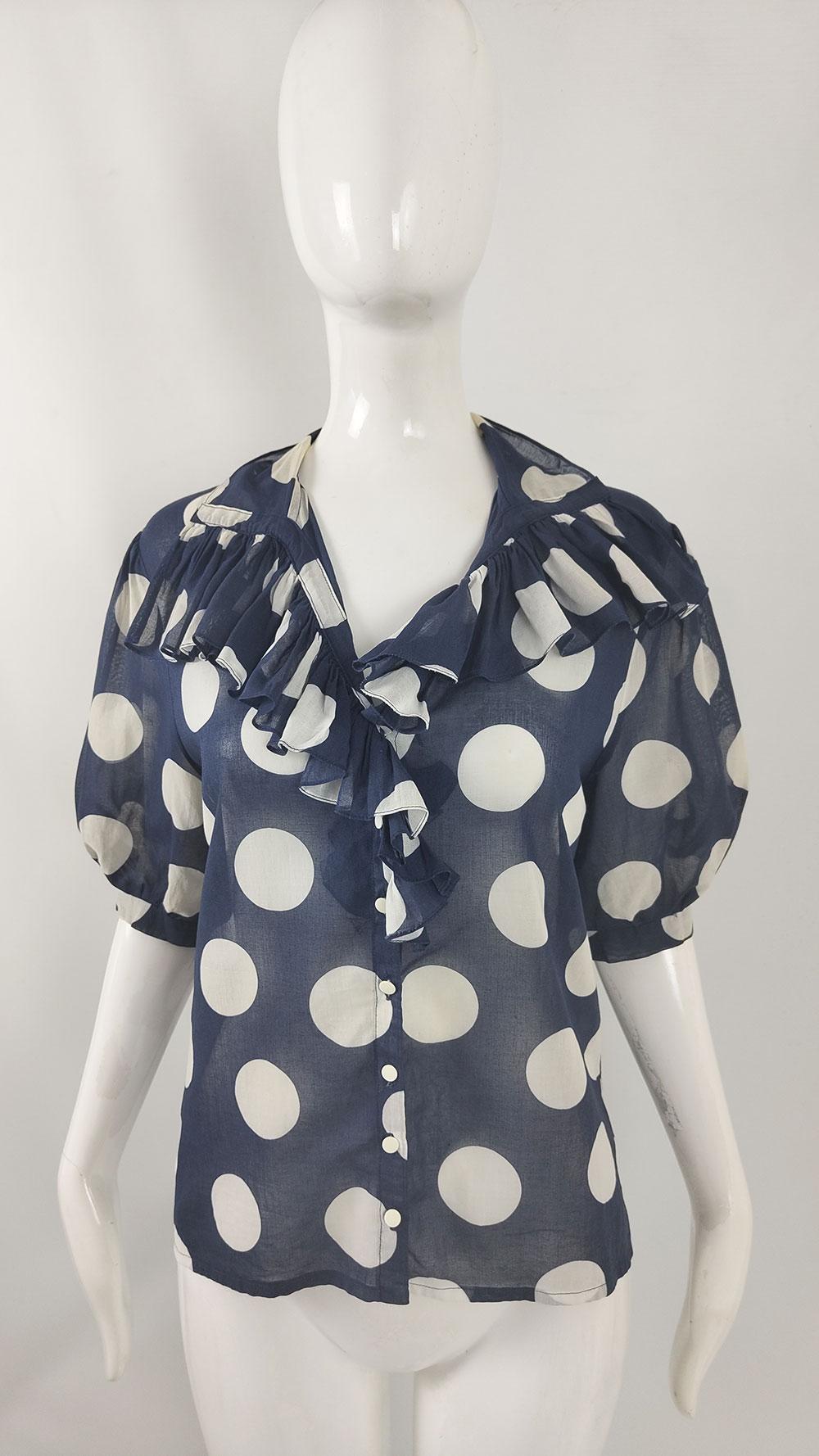 Jean Dessès Paris Vintage Sheer Navy Polka Dot Puff Sleeve Ruffle Collar Blouse In Good Condition For Sale In Doncaster, South Yorkshire
