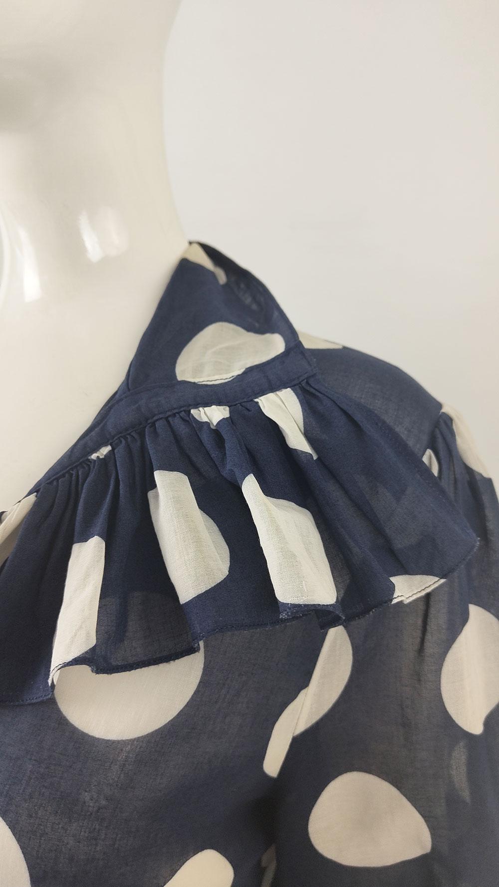Women's Jean Dessès Paris Vintage Sheer Navy Polka Dot Puff Sleeve Ruffle Collar Blouse For Sale