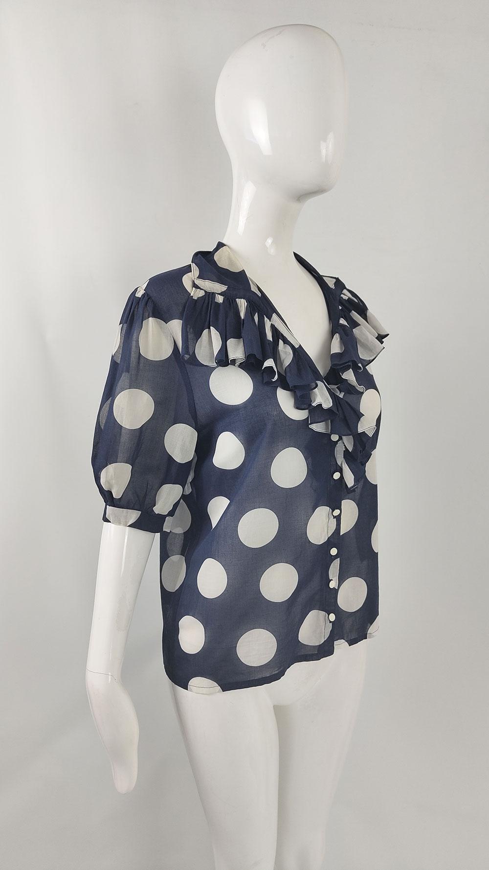 Jean Dessès Paris Vintage Sheer Navy Polka Dot Puff Sleeve Ruffle Collar Blouse For Sale 1