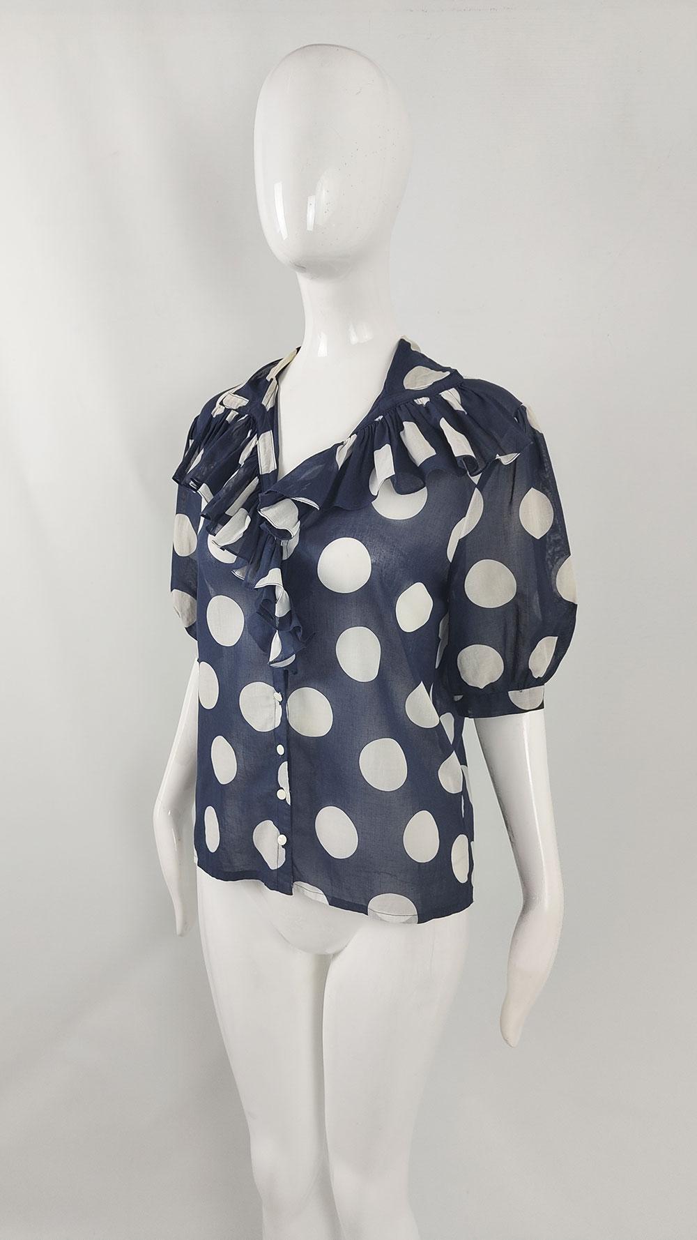 Jean Dessès Paris Vintage Sheer Navy Polka Dot Puff Sleeve Ruffle Collar Blouse For Sale 2