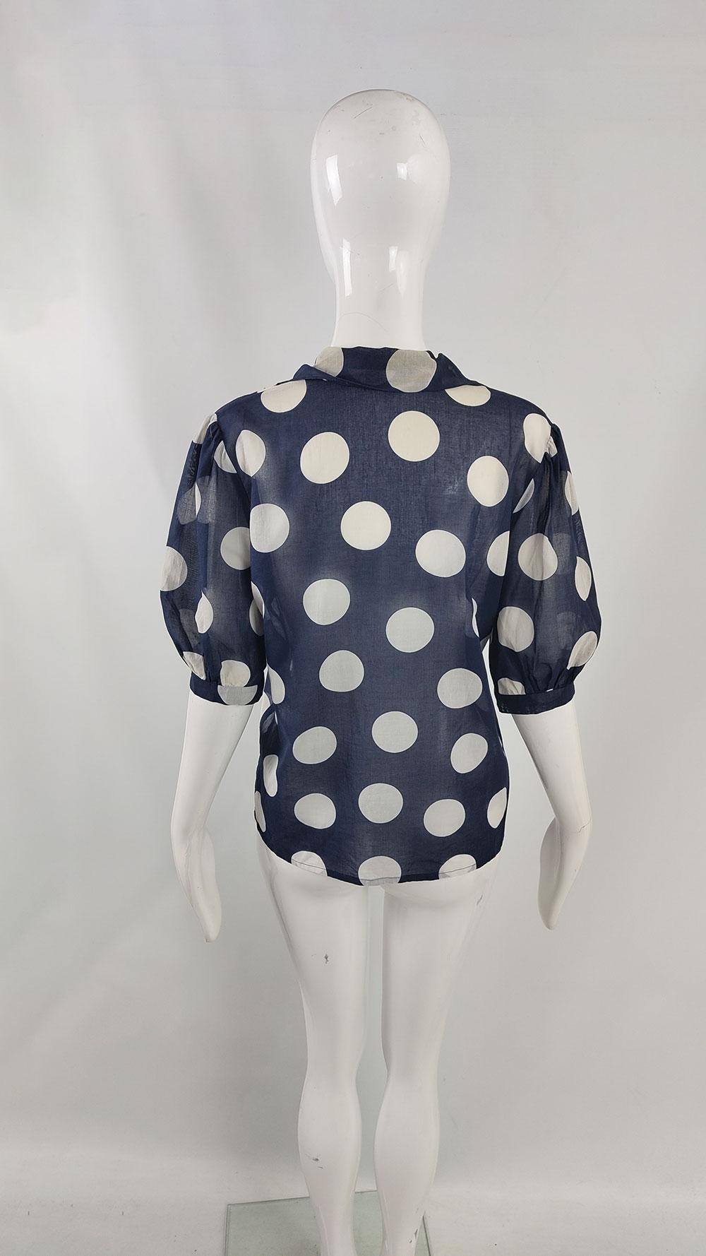 Jean Dessès Paris Vintage Sheer Navy Polka Dot Puff Sleeve Ruffle Collar Blouse For Sale 3