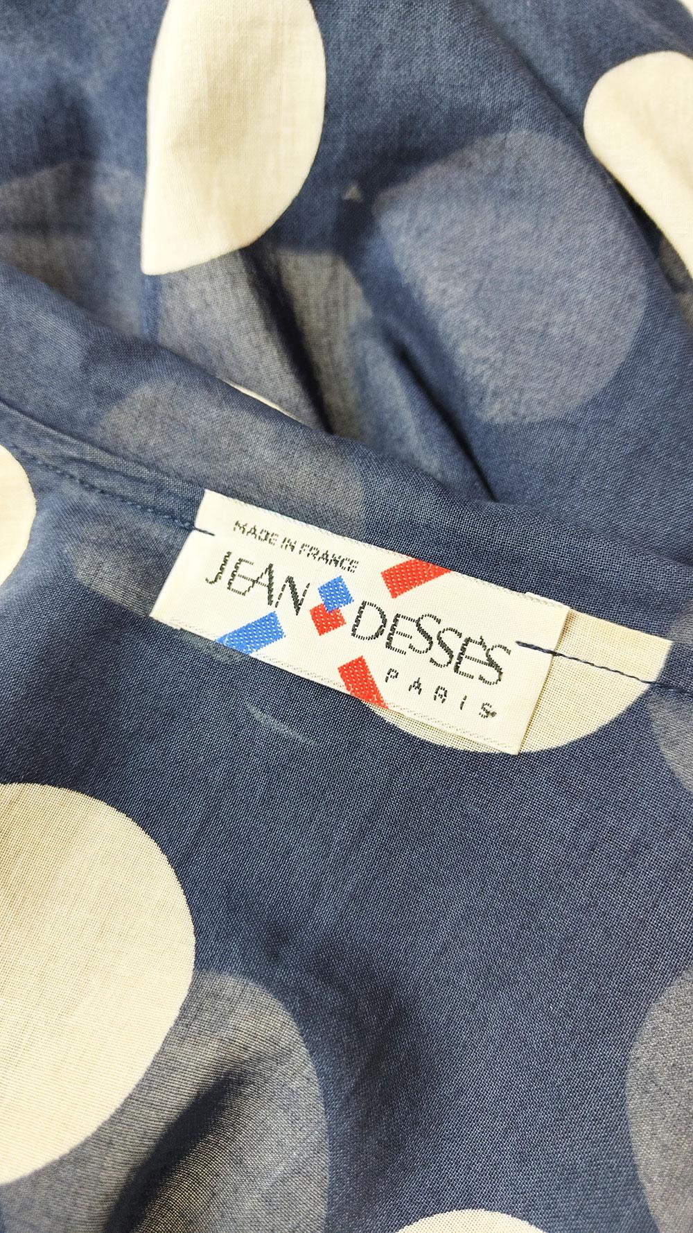 Jean Dessès Paris Vintage Sheer Navy Polka Dot Puff Sleeve Ruffle Collar Blouse For Sale 4