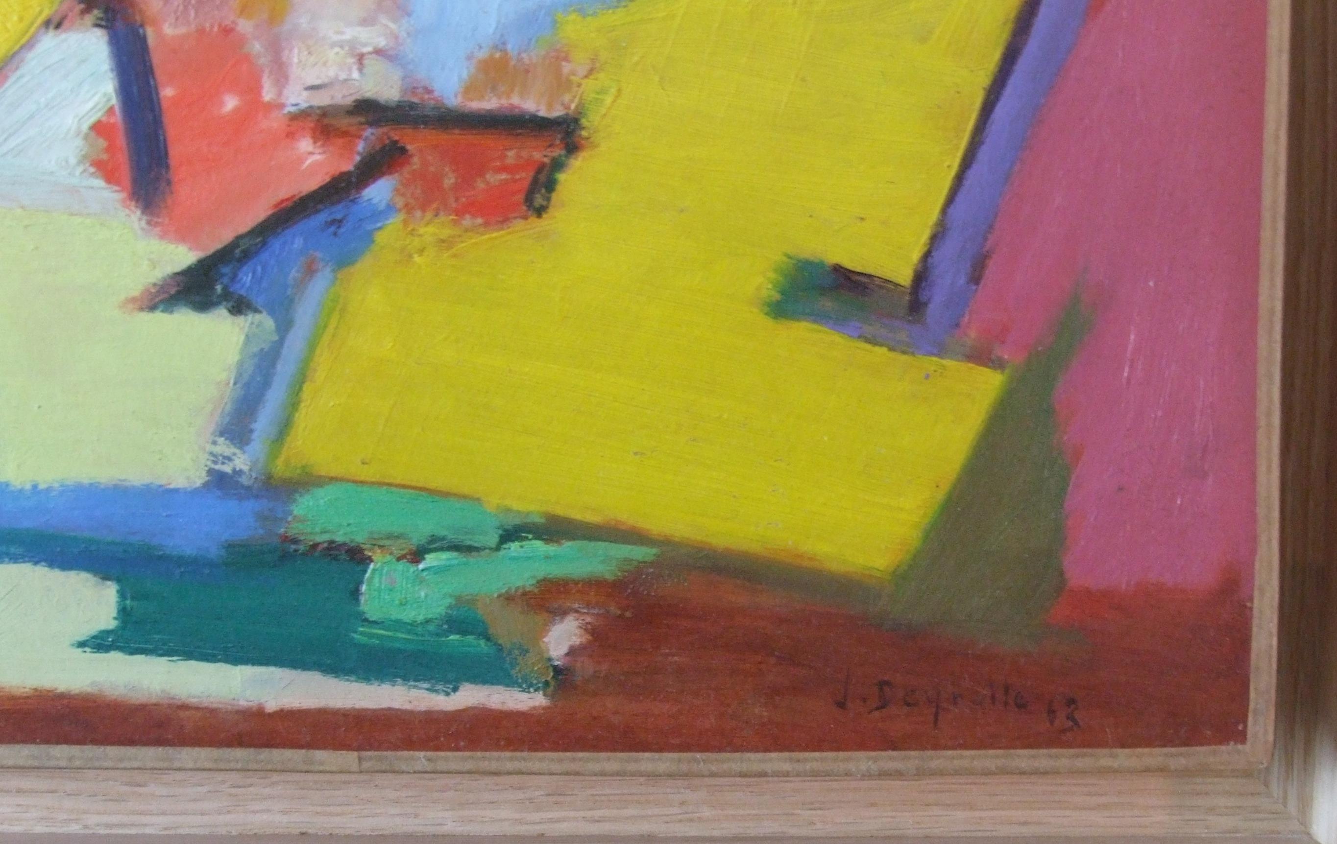 composition I, 1963 - Oil on canvas, 25x59 cm, framed. - Painting by Jean Deyrolle