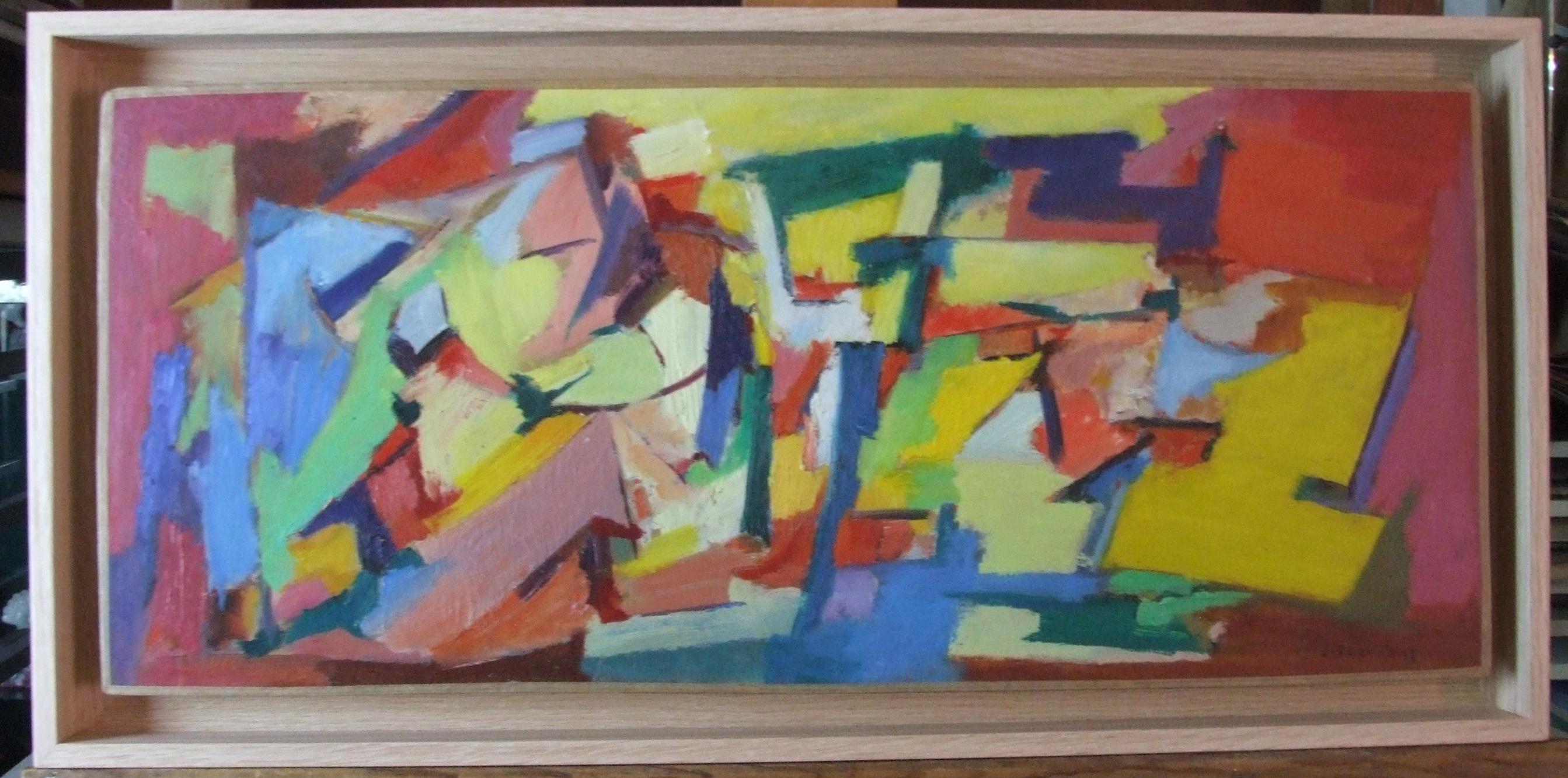 Jean Deyrolle Abstract Painting - composition I, 1963 - Oil on canvas, 25x59 cm, framed.