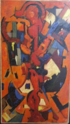 Red Abstract - Oil on canvas, 42x21.5 cm., framed.