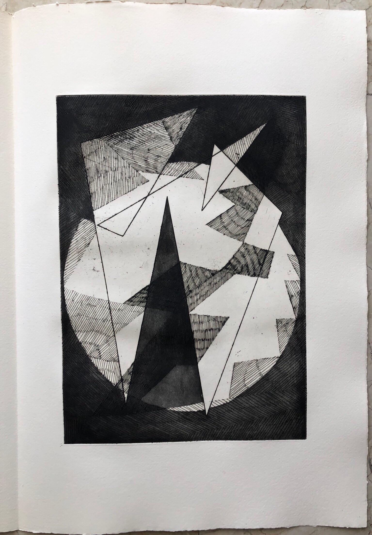 French Avant Garde Bold Abstract Geometric Aquatint Etching Op Art Kinetic - Gray Abstract Print by Jean Deyrolle