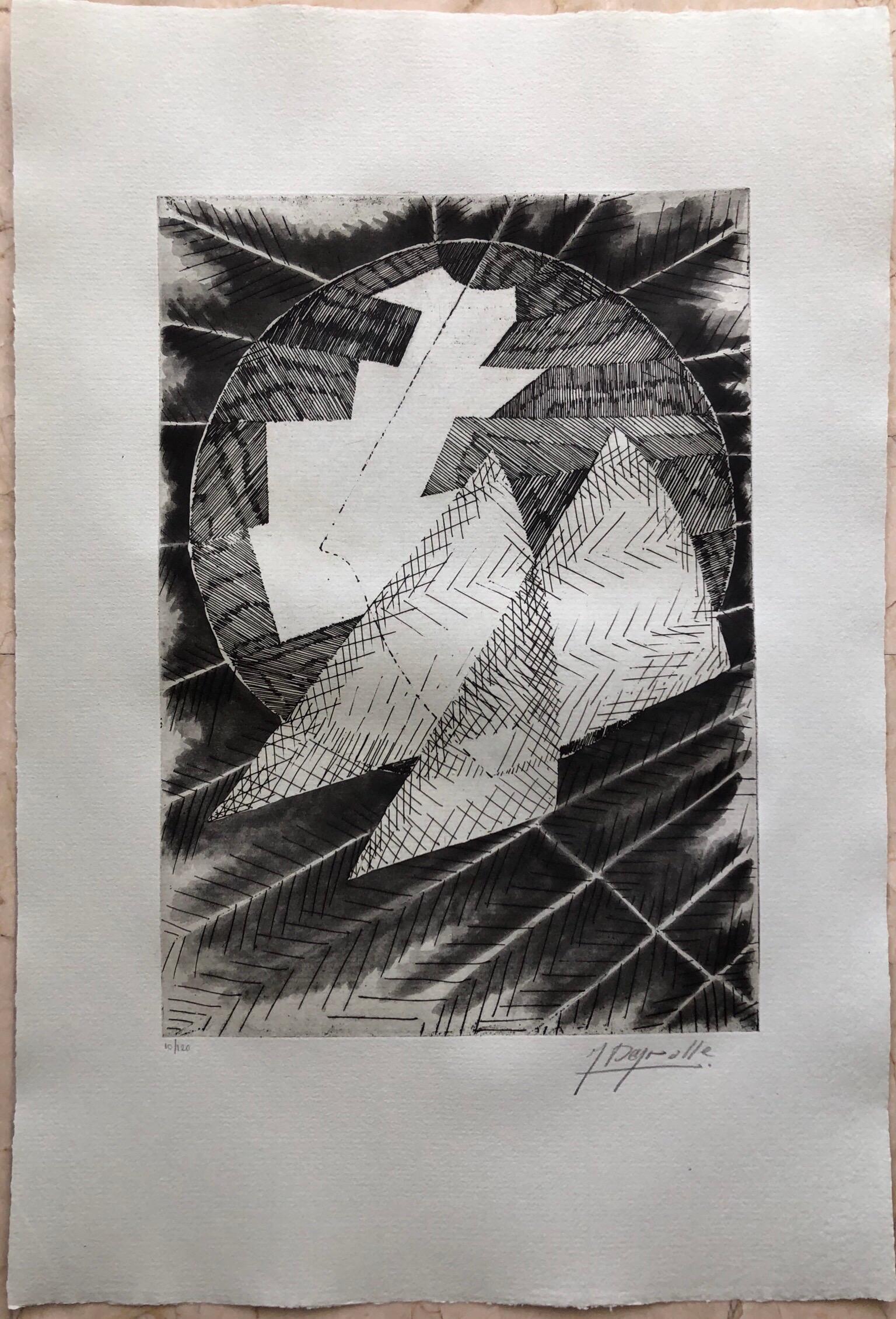 French Avant Garde Bold Abstract Geometric Aquatint Etching Op Art Kinetic - Gray Abstract Print by Jean Deyrolle