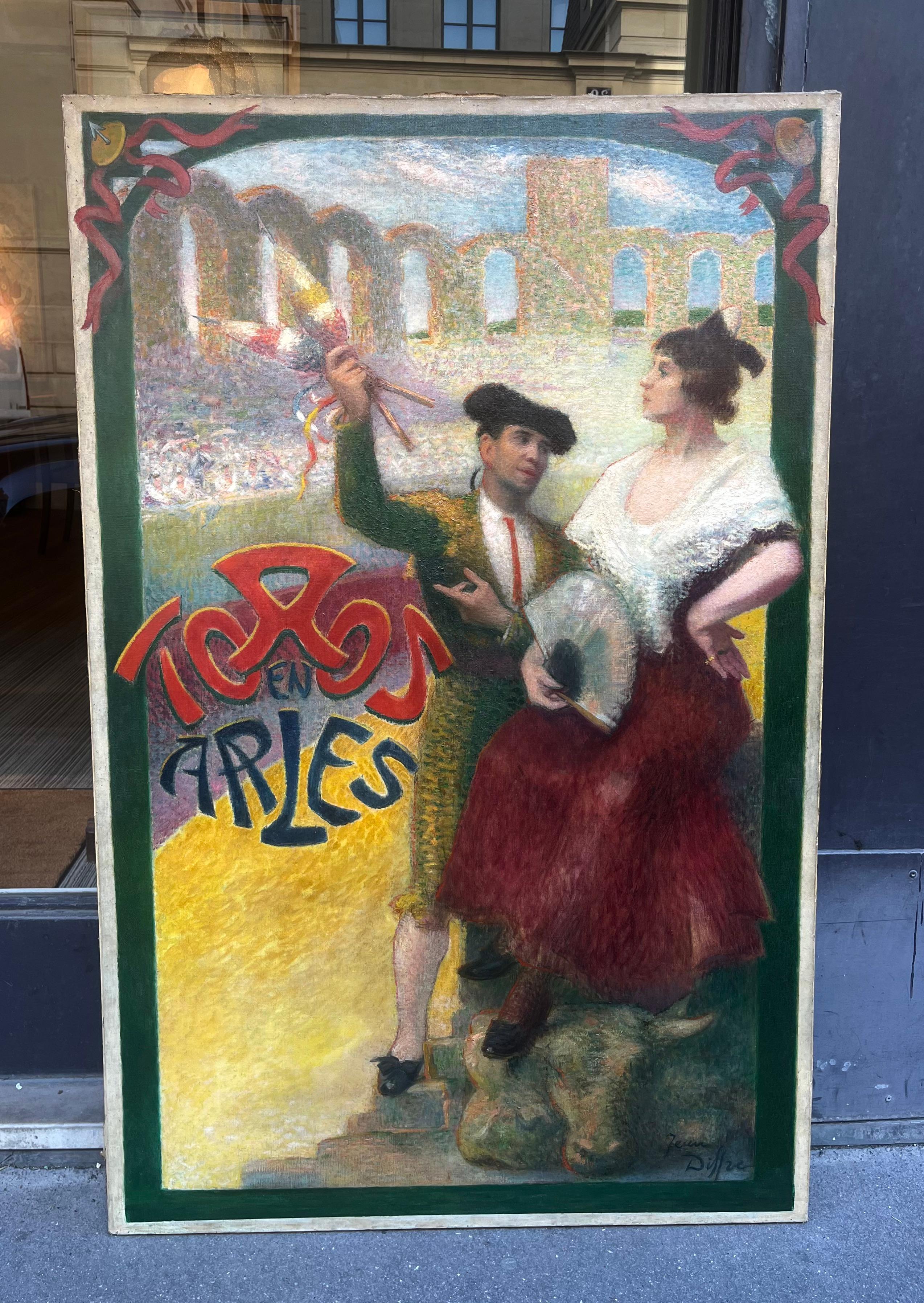 Toros en Arles - Bulls in Arles - Painting by Jean Diffre