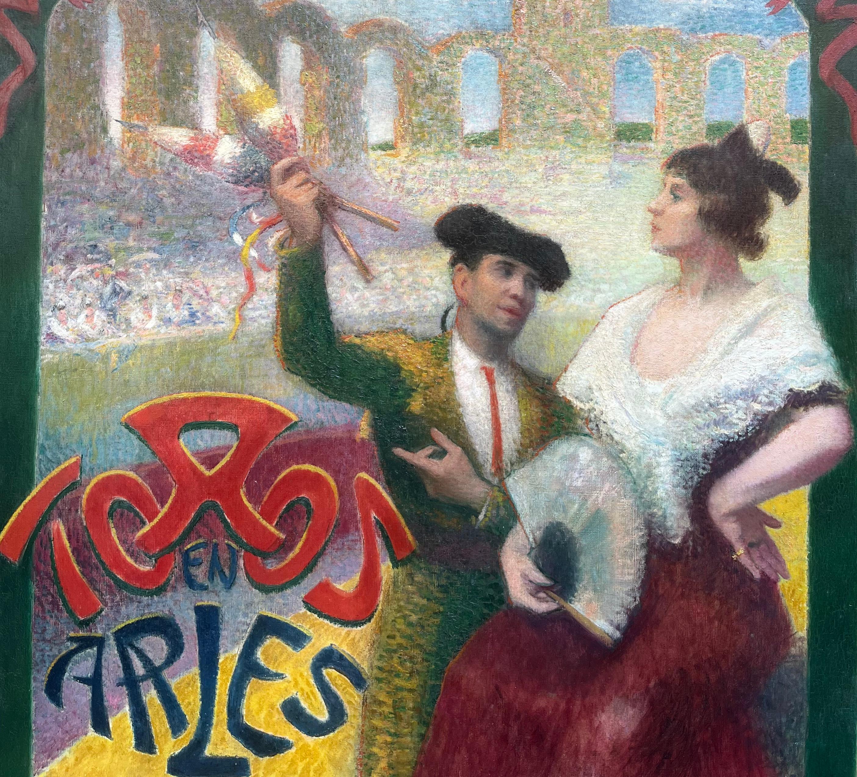 Toros en Arles - Bulls in Arles - Brown Figurative Painting by Jean Diffre