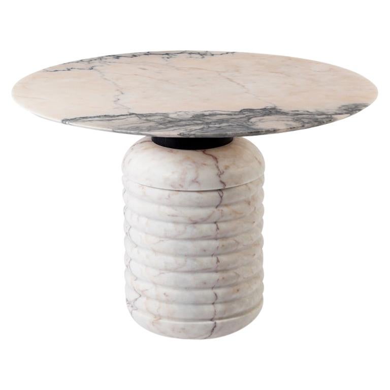 Table de repas Jean 120cmØ Base en marbre Estremoz, Nero Marquina, plateau en marbre rose