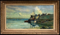 Barche tranquille nel porto con figure – Paesaggio costiero francese – Dipinto a olio