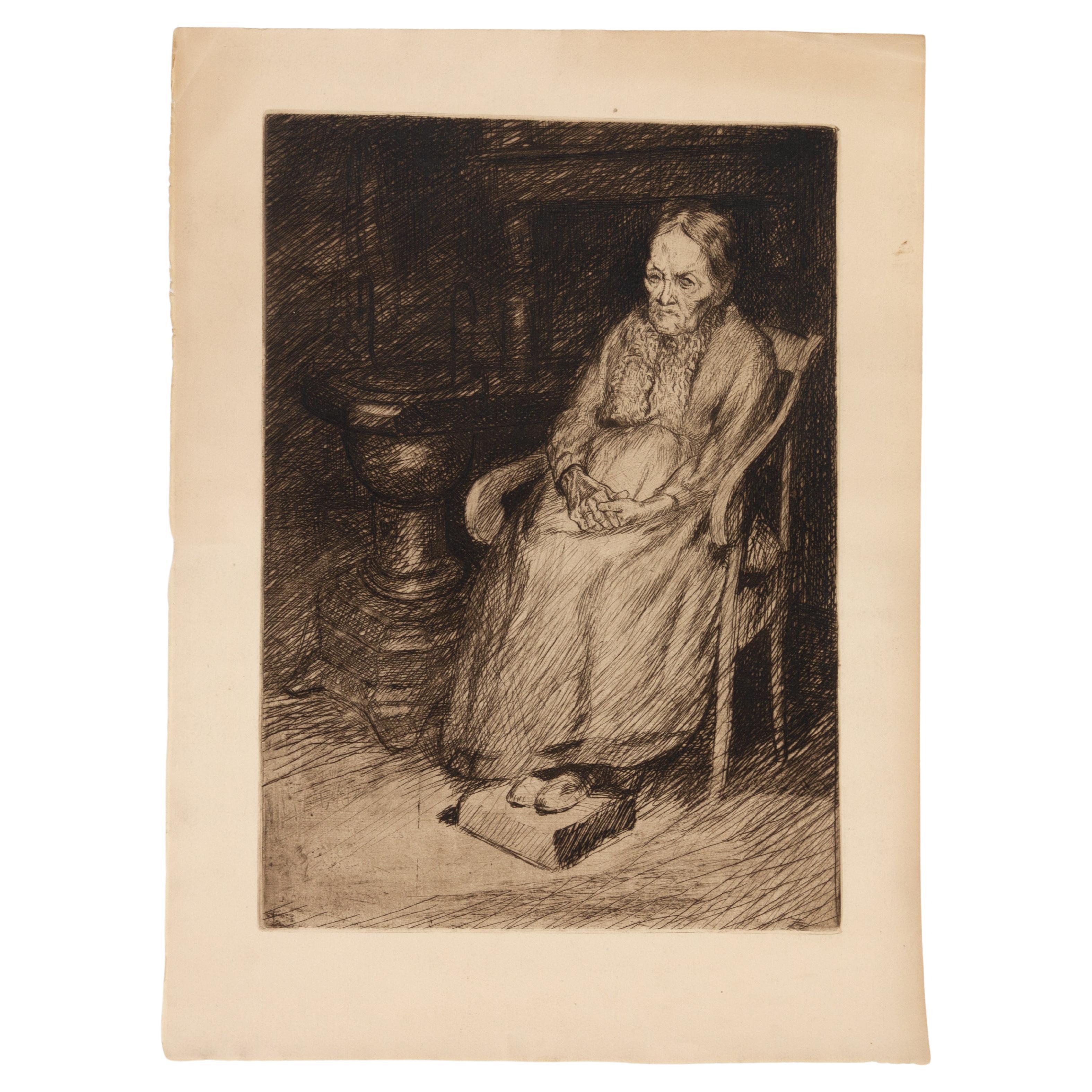 Jean Donnay (1897-1993) Belgian Engraving of an Old Seated Woman For Sale