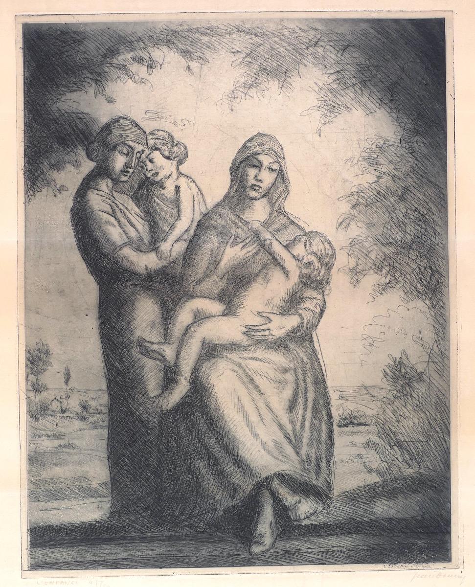 L'Enfance est une oeuvre d'art originale réalisée dans la première moitié du 20ème siècle par Jean Donnay.

Gravure originale sur papier.

Edition de 50 tirages.

Signé à la main au crayon par l'artiste dans le coin inférieur droit : "Jean Donnay".