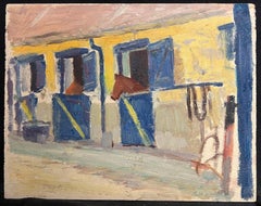 Vintage French Stable Scene Impressionist Oil Painting of Horses in Their Stalls