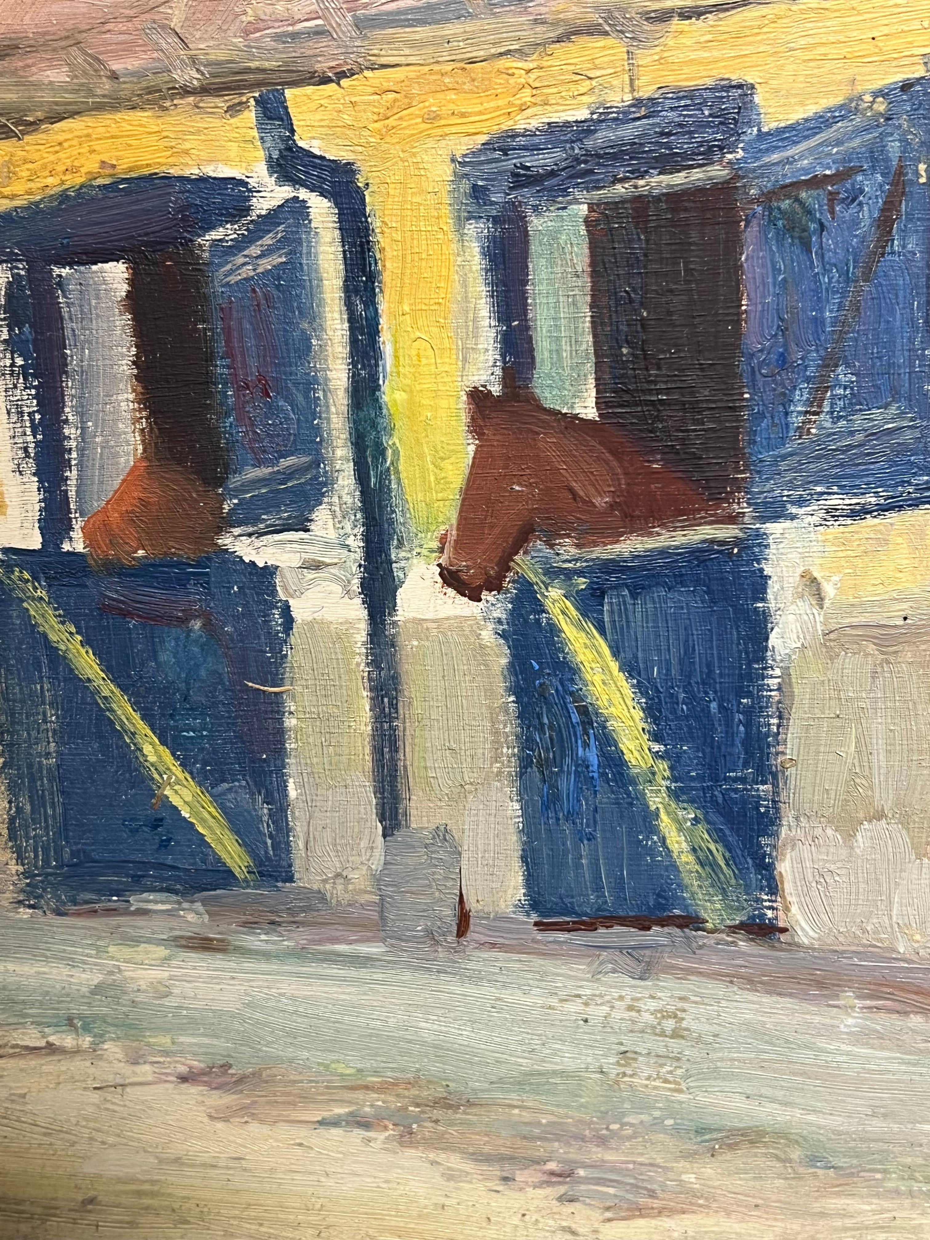 Pintura al óleo impresionista francesa vintage de caballos en sus establos - Landscape Painting Beige de Jean Dreyfus-Stern (1890-1969)