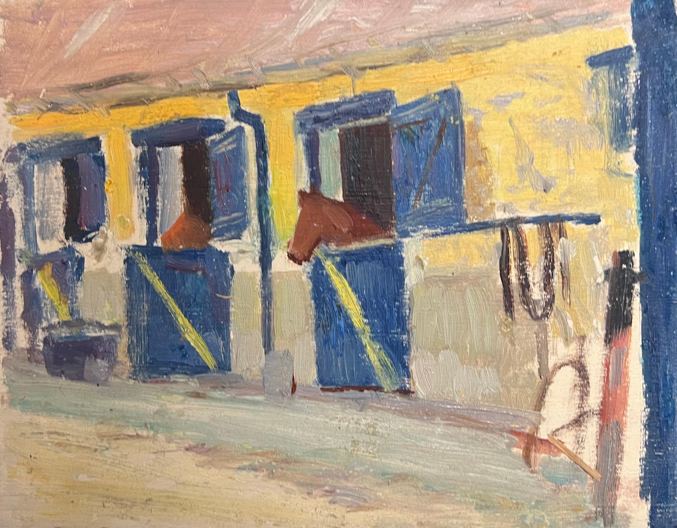Landscape Painting de Jean Dreyfus-Stern (1890-1969) - Pintura al óleo impresionista francesa vintage de caballos en sus establos