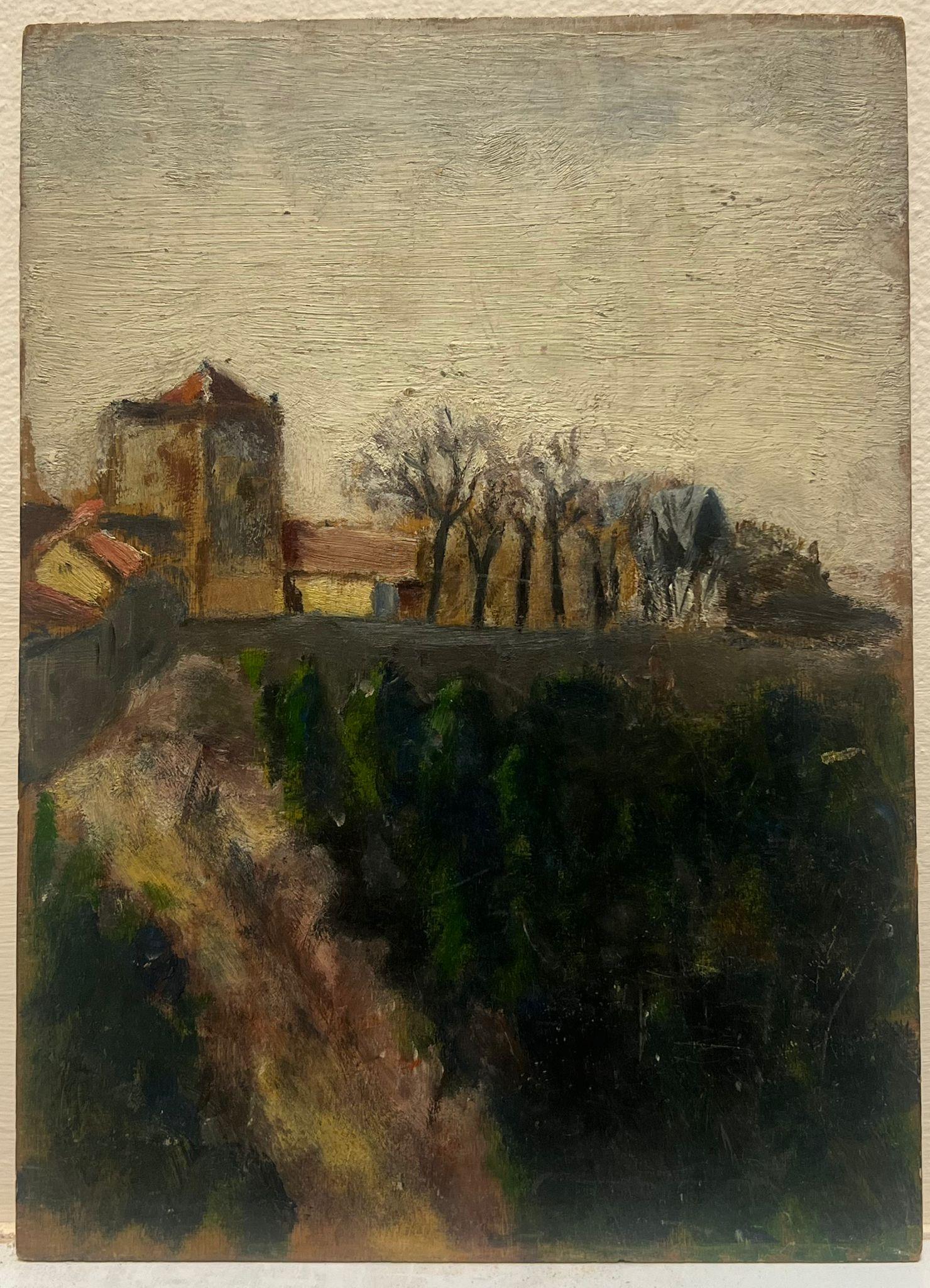 Village tranquille Ombres Paysage Moody Arbres Bâtiment Peinture à l'huile française des années 1930 - Painting de Jean Dreyfus Stern (1890-1972)