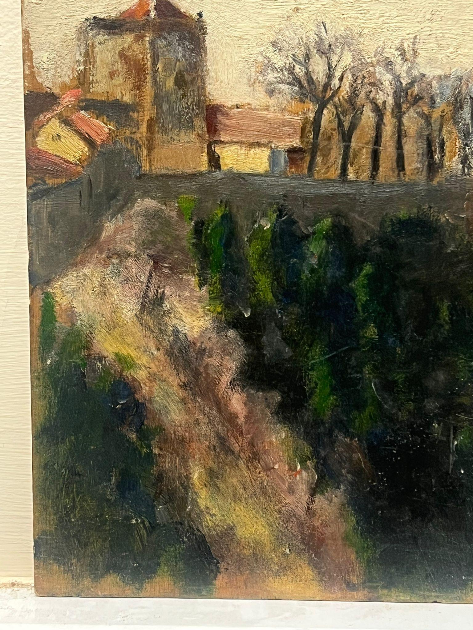 Village tranquille Ombres Paysage Moody Arbres Bâtiment Peinture à l'huile française des années 1930 - Impressionnisme Painting par Jean Dreyfus Stern (1890-1972)