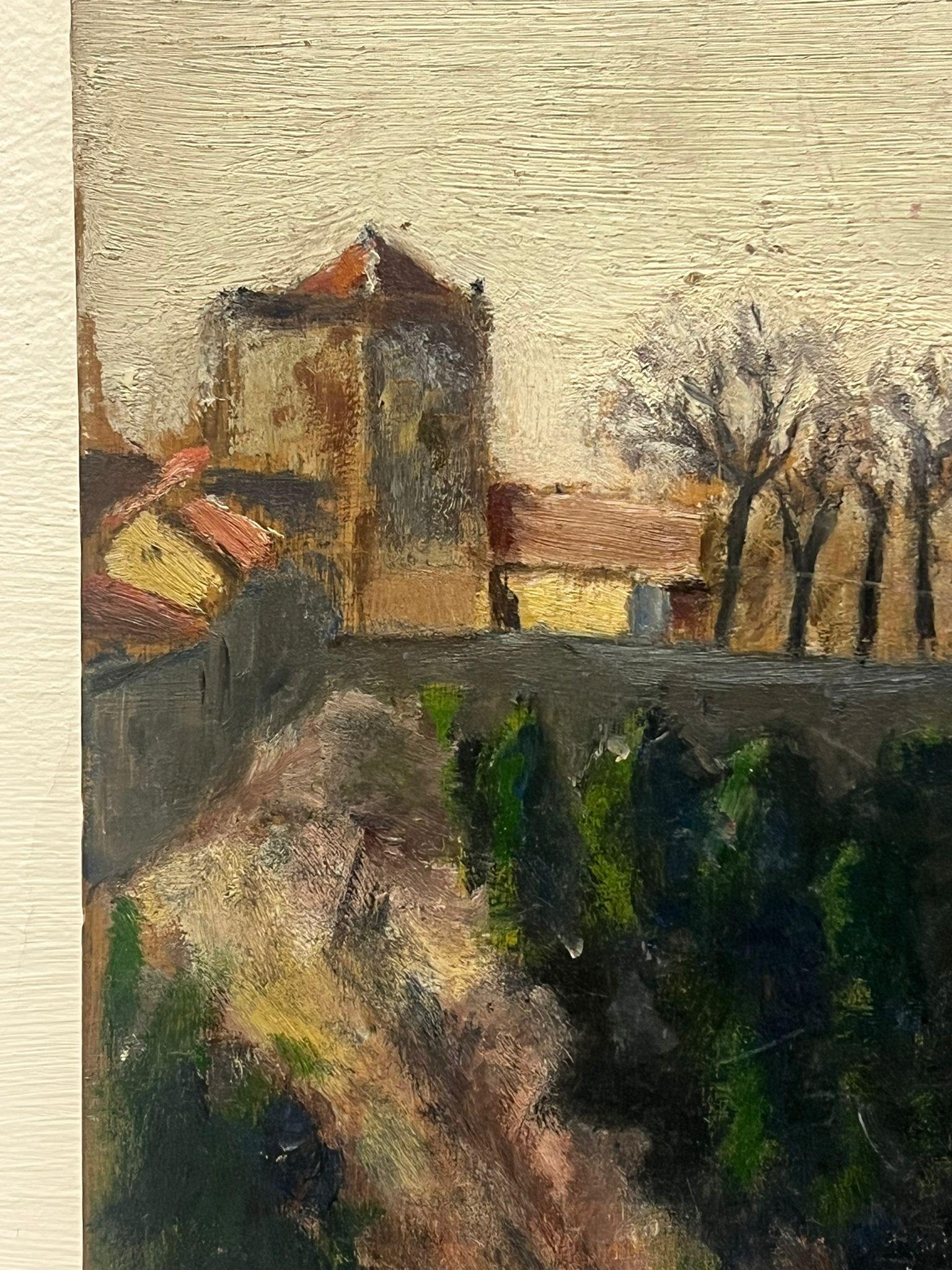 Village tranquille Ombres Paysage Moody Arbres Bâtiment Peinture à l'huile française des années 1930 - Noir Landscape Painting par Jean Dreyfus Stern (1890-1972)