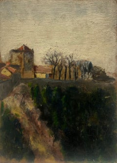 Quiet Village Shadows Moody Landscape Trees Building 1930's French Oil Painting